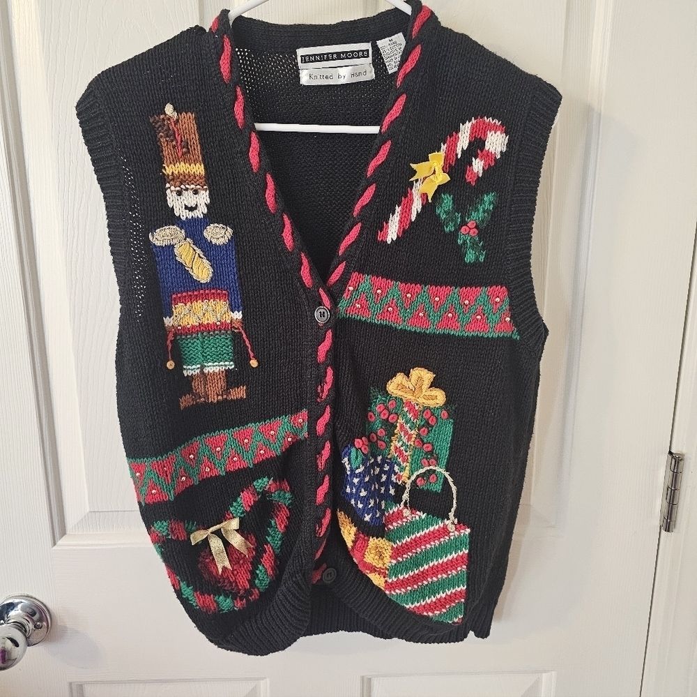 Jennifer Moore Ugly Christmas Sweater Hand Knit Black Vest Nutcracker Size M